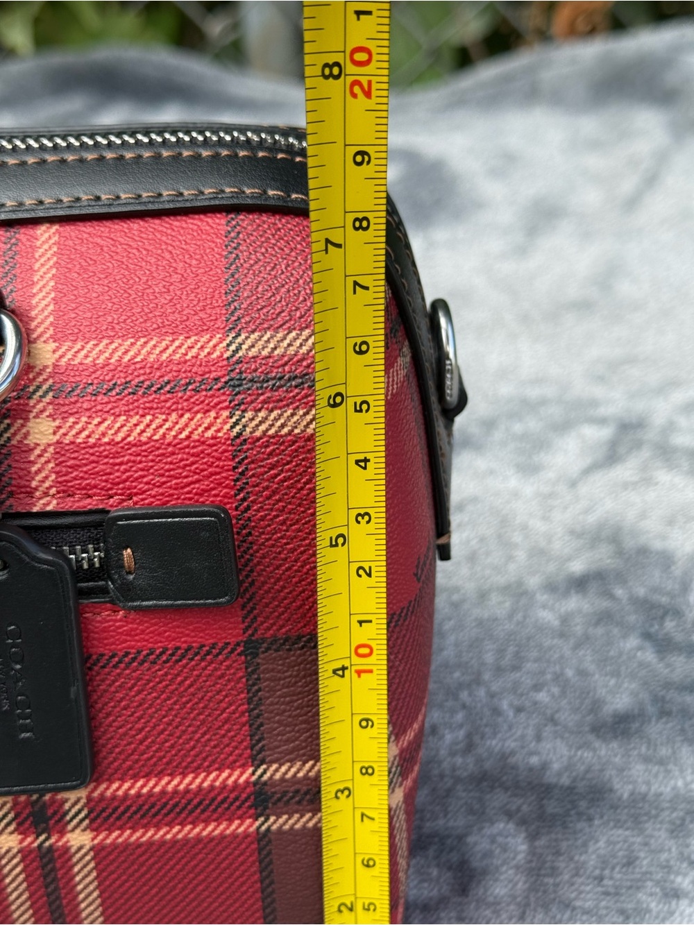 Coach Medium Rowan Satchel in a tartan plaid print featuring black leather trim. - Picture 9 of 12
